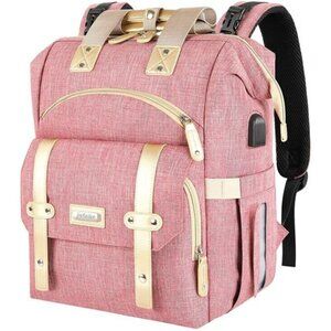 Pink Diaper Backpack Baby Travel Bag with USB Port Insulated Bottle Pocket
